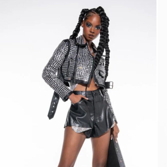 Callie Lives Xena 3006 Black AZALEA WANG 3000 Rhinestone Studded Moto Jacket ML - Picture 11 of 14
